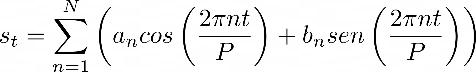Exemplo de série de Fourier. s_t = \sum_{n=1}^N \left(a_n cos \left( \frac{2 \pi n t}{P} \right) +b_n sen \left( \frac{2 \pi n t}{P} \right) \right)